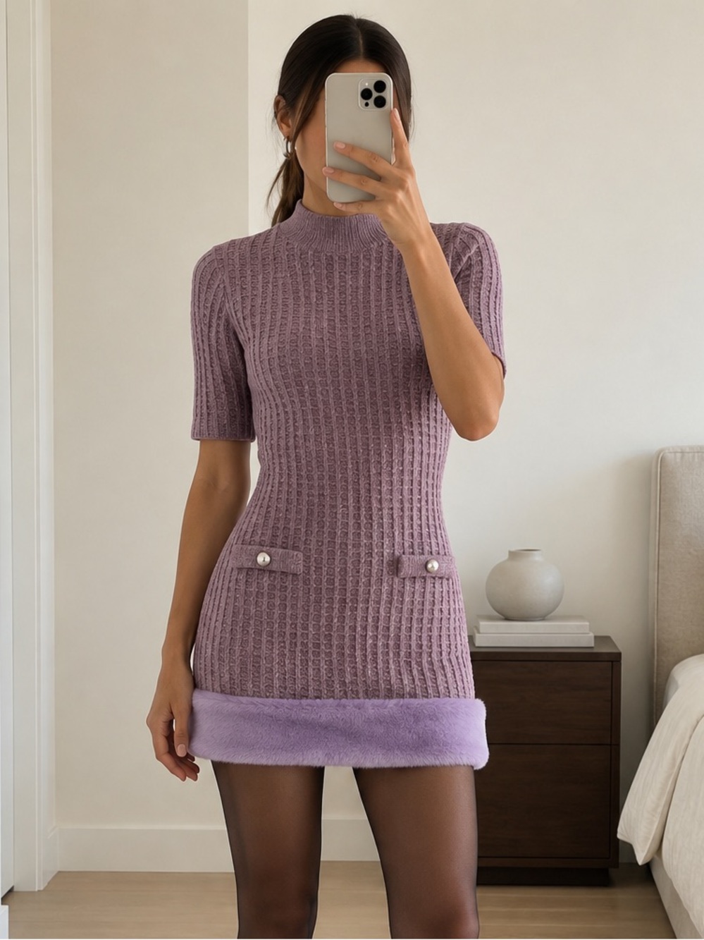 Zara Lilac Purple Textured Knit Faux Fur Trim Mini Dress Size L NWOT